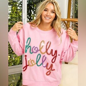BiBi HOLLY JOLLY French Terry Top w/ Metallic Multicolored Tinsel Letters - NWOT